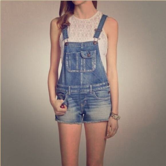 Abercrombie & Fitch Overalls Shorts ShortAlls Raw Hem Y2K Classic Blue Wash sz S - Picture 1 of 16